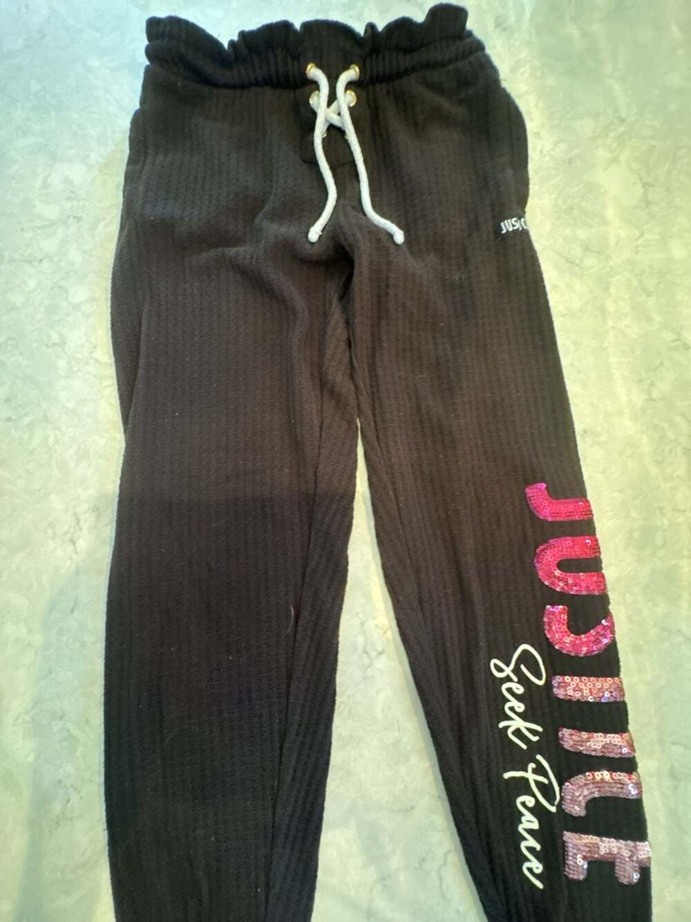 Justice Girls Black Sequin Sweatpants Size M (10) Seek Peace Design